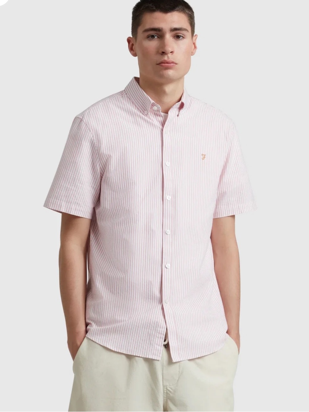 Farah Brewer Stripe Short Sleeve button down Shirt - Carnation Pink L
